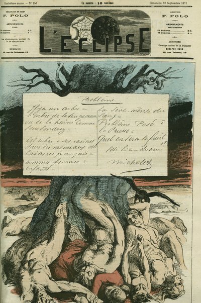 Jules Michelet (1798-1874), en fransk historiker, var voldsomt imod krigen i 1870 og landets forløsning. Cover i "" L