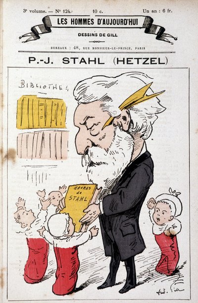 Portrætudladning af Pierre Jules Hetzel, der tilbyder Stahls værker (hans pseudonym) til småbørn, ""The Men of Today"", n.d. sent den 19. af Andre Gill