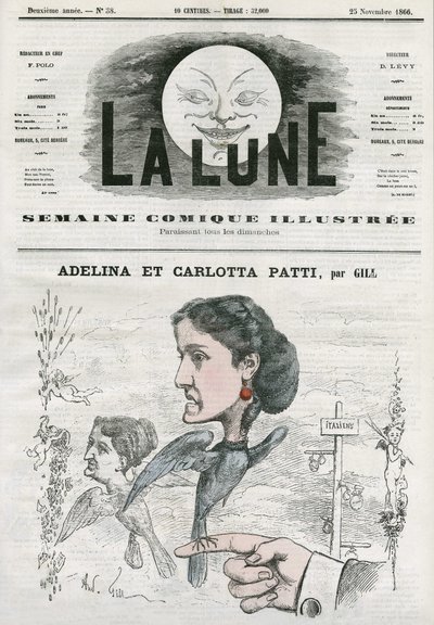 Portræt af Adelina (1843-1919) og Carlotta Patti (1835-1889), italienske operasangere. Tegnefilm af Gill, i "Månen", 25. november af Andre Gill
