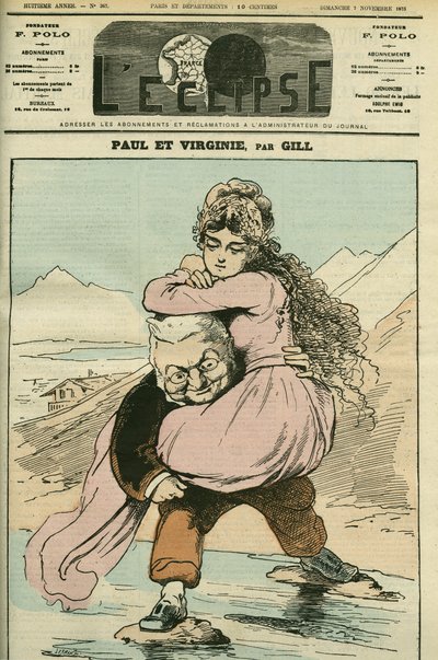 Portræt af Adolphe Thiers (1797-1877), fransk historiker og politiker, repræsenteret i "Paul et Virginie" (Republikken). Cover i "" L