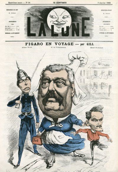 Portræt af Albert Wolff, Hippolyte de Villemessant (1812-1879) og Henri Rochefort (1831-1913), journalister ved Figaro. Tegnefilm af Gill, i "Månen", 3. januar af Andre Gill
