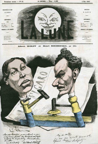 Portræt af Albert Wolff og Henri Rochefort (1831-1913) fransk journalist og politiker. Tegnefilm af Gill, i "Månen", 4. maj af Andre Gill