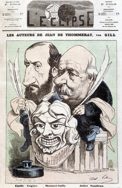 Portræt af Emile AUGIER (1820-1889) og Jules SANDEAU (1811-1883), forfattere af skuespillet med titlen "" Jean de Pommeray", med en maske, der viser ansigtet af komikeren Mounet-Sully (Jean Sully Mounet, Mounet Sully) af Andre Gill