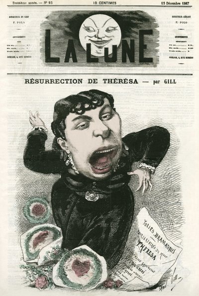 Portræt af Emma Valladon dit Theresa (1837-1913), fransk operetsangerinde. Tegnefilm af Gill, i "La Lune", 15. december af Andre Gill