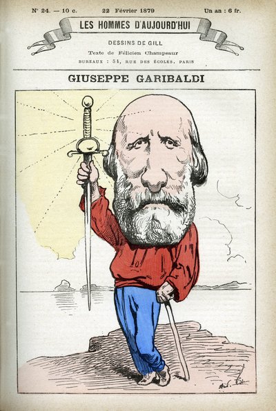 Portræt af Guiseppe Garibaldi (1807-1882), italiensk politiker. Tegnefilm af Gill, i "Les Homme d