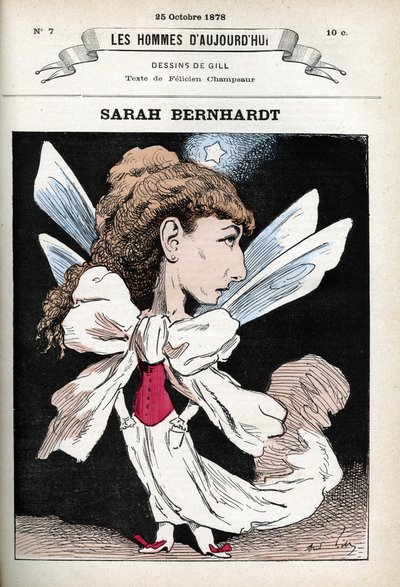 Portræt af Henriette Rosine Bernard dit Sarah Bernhardt (1844-1923), fransk teaterskuespillerinde. Tegnefilm af Gill, Paris. af Andre Gill