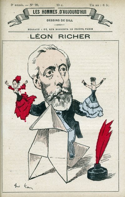 Portræt af Leon Richer (1824-1911), en fransk journalist og intellektuel, grundlagde han Association pour le droit des femmes og Ligue francaise pour le droit des femmes i 1882. Tegneserie af Gill, Paris. af Andre Gill