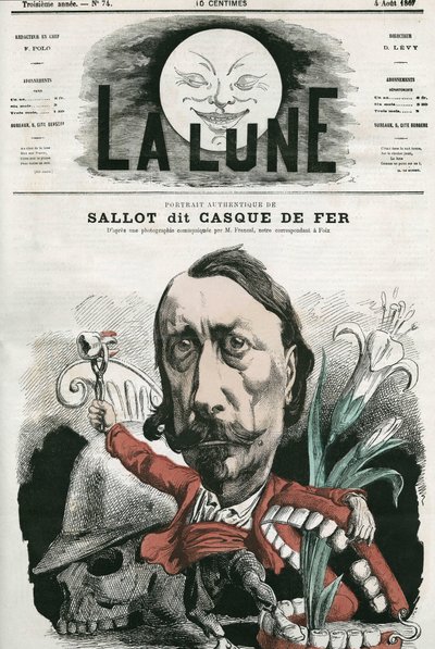 Portræt af Sallot, kendt som "jernhjelm". Karikatur af Gill, i "La Lune", 4. august af Andre Gill