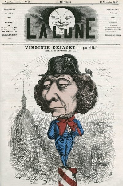Portræt af Virginie Dejazet (1798-1875), fransk skuespillerinde i rollen som Bonaparte. Tegnefilm af Gill, i "La Lune", 10. november af Andre Gill