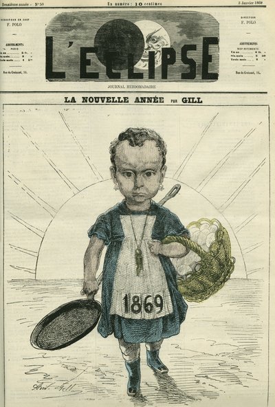 Det nye år, illustration af en lille pige, der holder et komfur og en kurv med æg. Cover i "" L