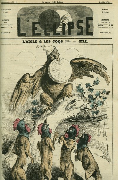 Ørnen og hanerne, ifølge fabelen, holder Napoleonørnen Frankrig i næbbet klar til at frigive det til ræve med et hanehoved. Cover i "" L