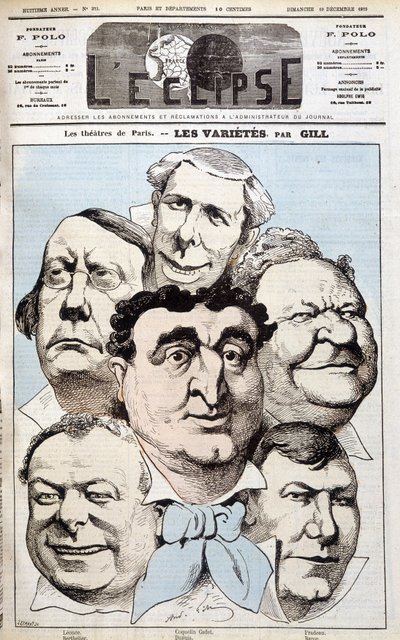 Portrætterne af Léonce, Berthelier, Poppy Cadet, Dupuis, Pradeau og Baron, teaterforfattere. Tegnefilm af Gill i "" L