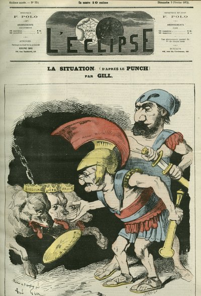 Situationen, tegneserie af Adolphe Thiers (1797-1877) og Leon Gambetta (1838-1882), der giver et ministerium til royalistiske og bonapartistiske hunde. Cover i "" L