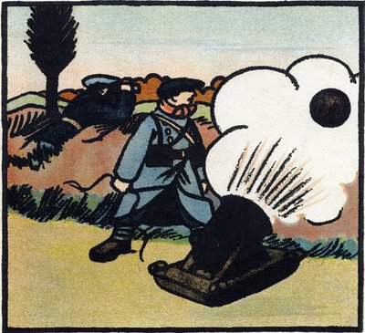 Første Verdenskrig 1914-1918 (14-18): Bombekaster. En fransk soldat sender bomber mod fjenden med en kanon. Gravering i "Alfabetet fra den store krig 1914-1916 (til vores soldaters børn)". Editions Berger-Levrault af Andre Helle
