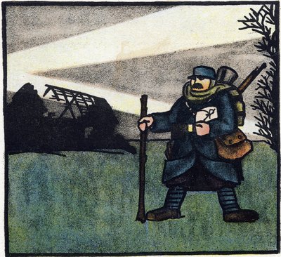 Første Verdenskrig 1914-1918 (14-18): Behåret. Portræt af en fransk soldat i militæruniform med rygsæk, taske og gevær. Gravering i "Alfabetet fra den store krig 1914-1916 (til vores soldaters børn)". Editions Berger-Levrault af Andre Helle