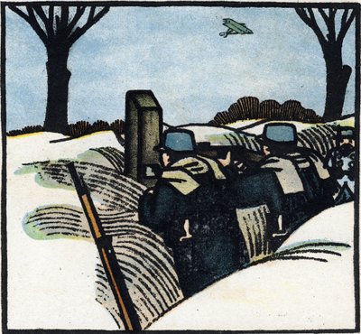 Første Verdenskrig 1914-1918 (14-18): Soldater fra den franske hær i en skyttegrav (behåret). Gravering i "Alfabetet fra den store krig 1914-1916 (til vores soldaters børn)". Editions Berger-Levrault af Andre Helle