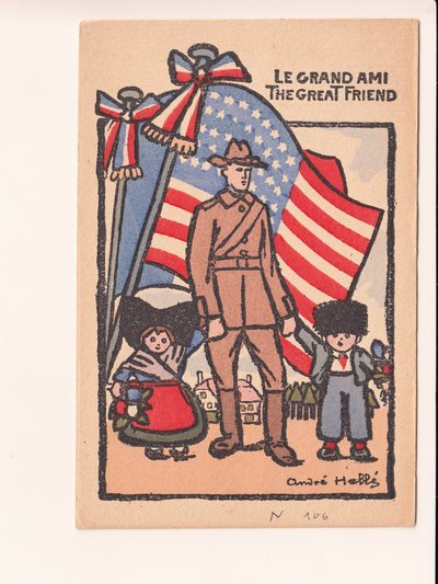 Postkort, satirisk i farver: Le grand ami den store ven - Krigen 14-18, Amerika, Alsace Lorraine Illustration af Andre Helle (1875-1945) af Andre Helle
