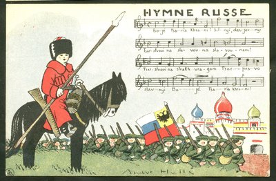 Postkort, satirisk i farver: Russian Anthem - War of 14 -18, Russia, Singing - Soldiers Illustration by Andre Helle (1875-1945) af Andre Helle