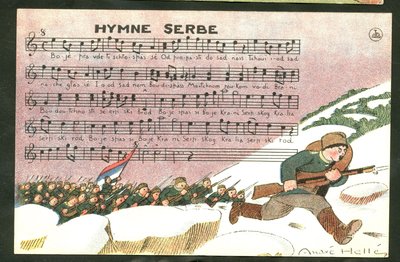 Postkort, satirisk i farver: Serbisk hymne - krigen 14-18, sang, Serbien - soldater Illustration af Andre Helle (1875-1945) af Andre Helle