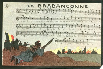 Postkort, satirisk i farver, ca. 1915: La brabanconne - Krigen 14-18, Belgien, Chant - Soldater Illustration af Andre Helle (1875-1945) af Andre Helle