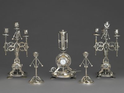 Ur, del af et femstykke urgarniture, ca. 1880 (sølv bronze, glas, papir) af Andre Romain Guilmet