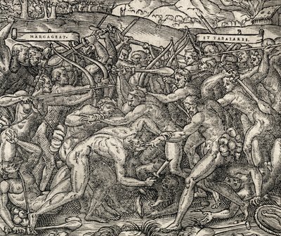 Kamp mellem Margageaz og Tabajares stammer, gravering fra Universal Cosmology, af Andre Thevet (1504-1592) af Andre Thevet