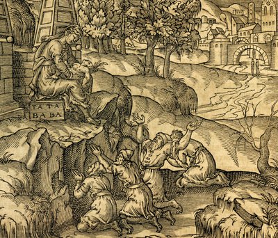 Trofast tilbedende gudinde Tata Baba i Muscovy-regionen, gravering fra Cosmographie Universelle, af Andre