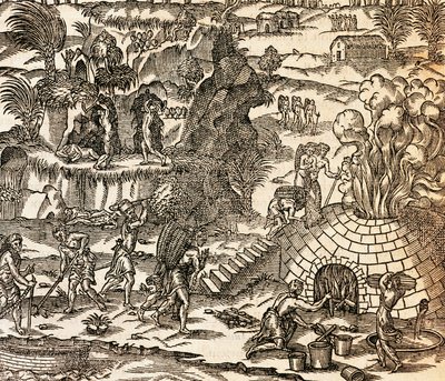 Indiske slaver arbejder i mine i Cuba, Illustration fra Cosmography af Andre Thevet, gravering af Andre Thevet