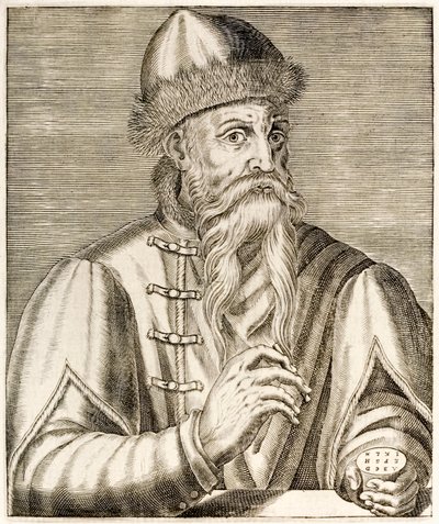 Johannes Gutenberg: Tysk opfinder, hvis opfindelse af den bevægelige trykpresse startede trykrevolutionen, fra True Portraits af André Thévet udgivet i 1584 af Andre Thevet