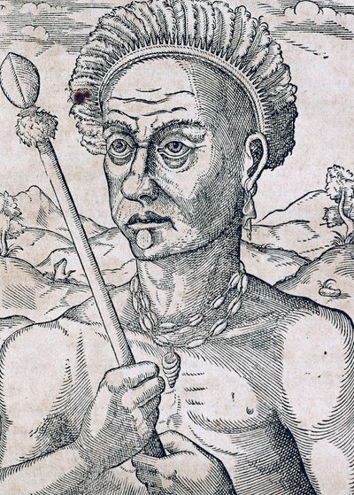 Kong Quoniambec, Brasilien, gravering fra Universal Cosmology, af Andre Thevet (1504-1592), Paris af Andre Thevet