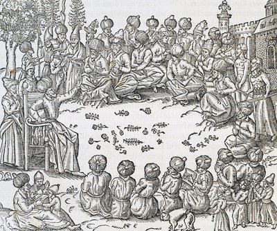 Møde mellem tyrkere og arabere, Marokko, gravering fra Universal Cosmology, af Andre Thevet (1504-1592), Paris af Andre Thevet