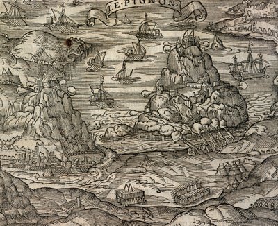 Søslag nær øen Le Pignon, gravering fra Cosmographie universelle, af Andre Thevet (1504-1592), Paris af Andre Thevet