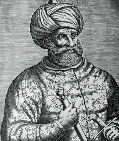 Portræt af Khayr al-Din, kendt som Barbarossa (1465-1546), tyrkisk korsar og admiral, gravering af Andre Thevet (1502-1590) af Andre Thevet