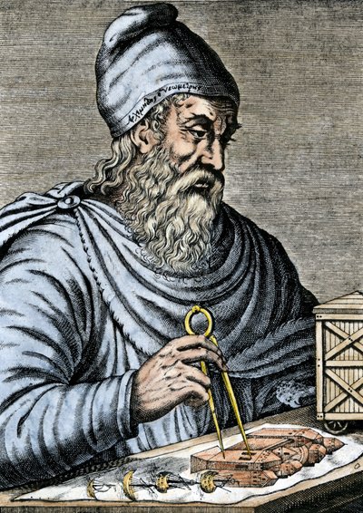 Videnskab: Archimedes af Syrakus (287-212 f.Kr.), græsk matematiker fra antikken, bruger en glidefod til planerne for Archimedes skrue, som han synes at fortælle om princippet i Egypten, og som han bruger til at hæve vand. Farvestik fra det 19. århundrede af Andre Thevet