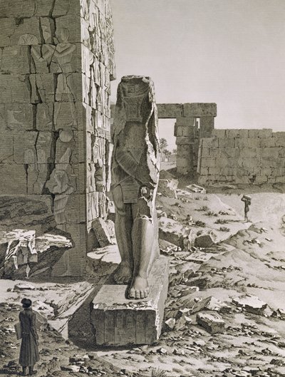 Udsigt over kolossen ved indgangen til hypostilhallerne i paladset i Karnak, Theben, plade 20 fra bind III af 