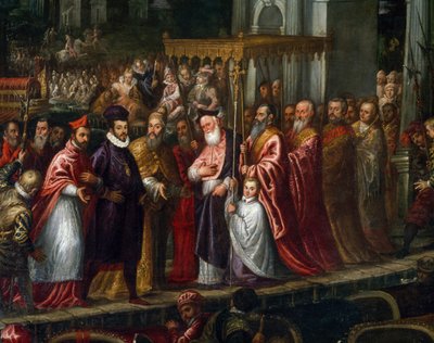 Doge Mocenigo og patriark Trevisan byder Henrik III velkommen til Lido i 1574 af Andrea Vicentino