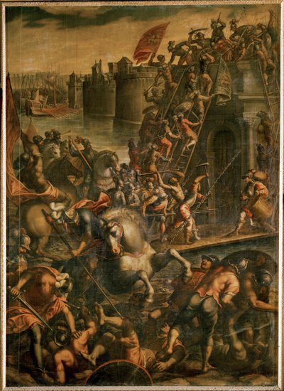 Dogen af Venedig Enrico Dandolo og hans korsfarere stormer byen Zara i 1202 (olie på lærred) af Andrea (1539-1614) Vicentino