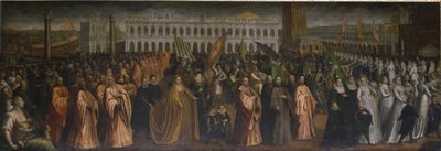 Dogaressa Marina Morosini-Grimani forlader Palazzo Grimani for sin kroning i Palazzo Ducale, Venedig af Andrea Vicentino