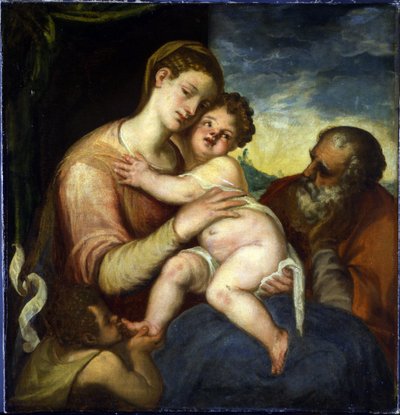 Den hellige familie med Johannes Døberen par Schiavone, Andrea (ca. 1520-1582). Olie på lærred, størrelse: 98x93, , Prags slot af Andrea Schiavone