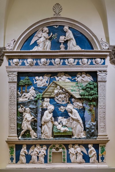 Fødselskirken, hyrdernes tilbedelse og bebudelsen af Andrea (workshop of) Della Robbia