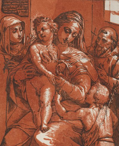 Madonna og barn ledsaget af hellige, 1585. af Andrea Andreani