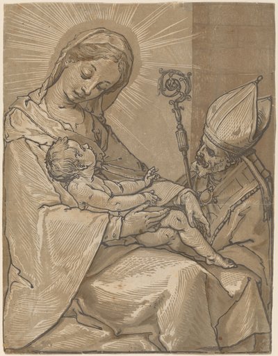 Madonna og barn med en biskop, 1591. af Andrea Andreani