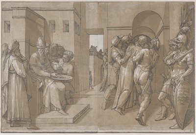 Pilatus til venstre vasker hænder i venstre side af arket, 1585. af Andrea Andreani