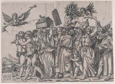 Afsnit A: en engel, der holder et kors øverst til venstre, Adam og Eva nedenfor, fra The Triumph of..., 1836. af Andrea Andreani