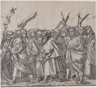 Afsnit F: Hellige, der holder kors, bøger og våben, fra The Triumph of Christ, 1836. af Andrea Andreani