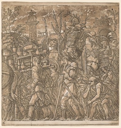 Julius Cæsars triumf: soldater, der bærer vaser og krigstrofæer, 1593-99. af Andrea Andreani