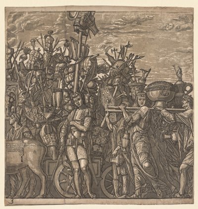 Julius Cæsars triumf: Soldater marcherer med krigstrofæer, 1593-99. af Andrea Andreani