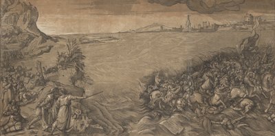 Ved at krydse det røde hav står Moses til venstre og peger på hæren, der er under vand..., 1589. af Andrea Andreani