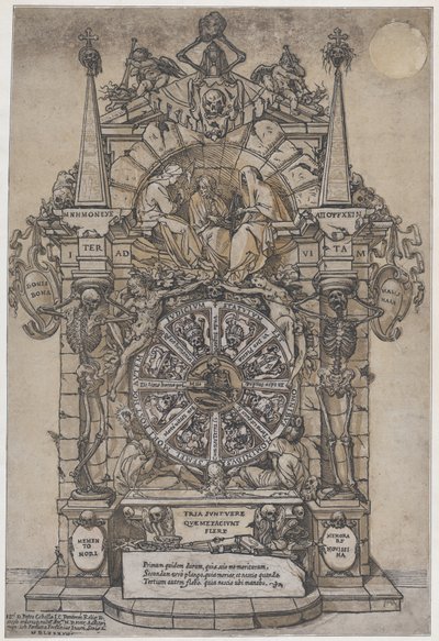 Dødens Triumf med tre skæbner i en arkitektonisk ramme over et lykkehjuls flanke..., 1588. af Andrea Andreani