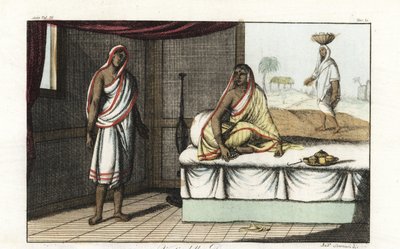 Forskellige typer sari og tøj båret af indiske kvinder. Udmærket kvinde i sari og slør siddende på sofaen, og kvinde af lavere rang i kort sari. Håndfarvet kobberplade tegnet og graveret af Andrea Bernieri efter Francois Solvyns fra Giulio Ferrari af Andrea Bernieri